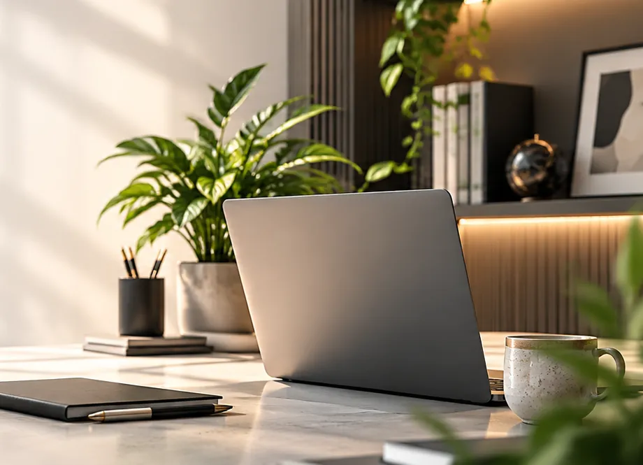 Sunlit desk with a laptop, notebook and plants