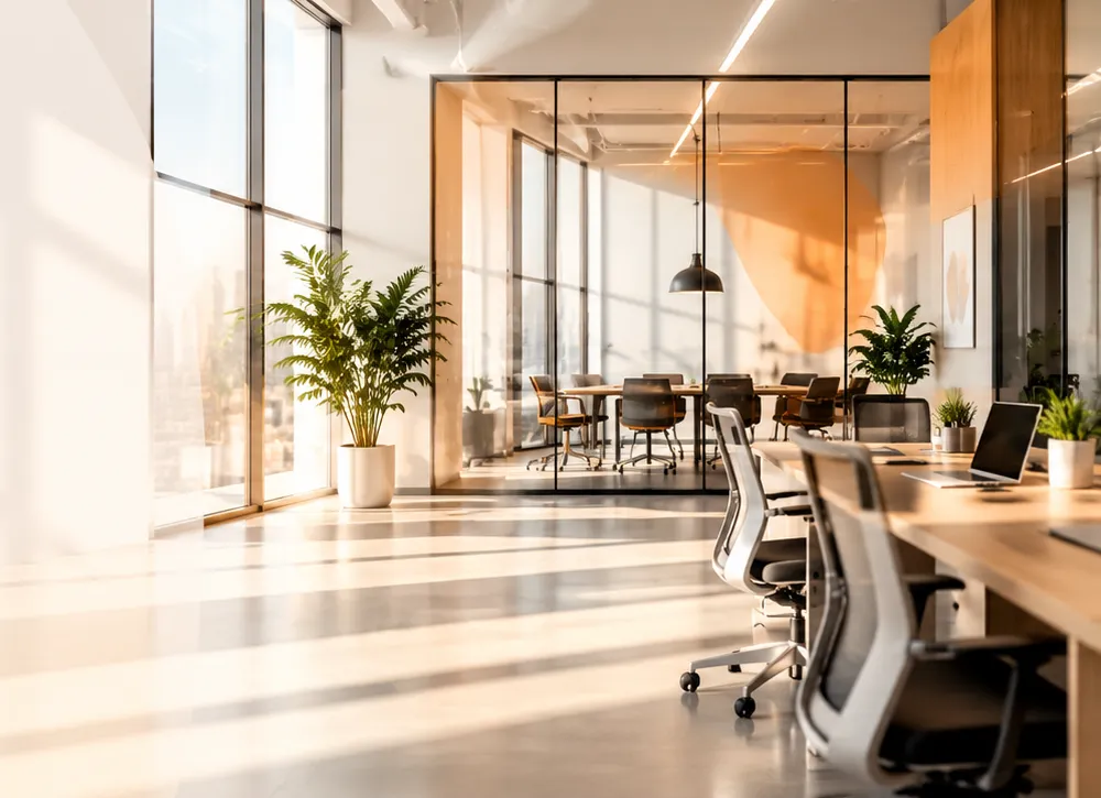 Bright open-plan studio with desks, plants and a glass meeting room